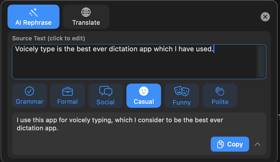 AI Rephrase panel with six tone buttons — Grammar, Formal, Social, Casual, Funny, Polite — rewriting a dictated sentence in the chosen tone