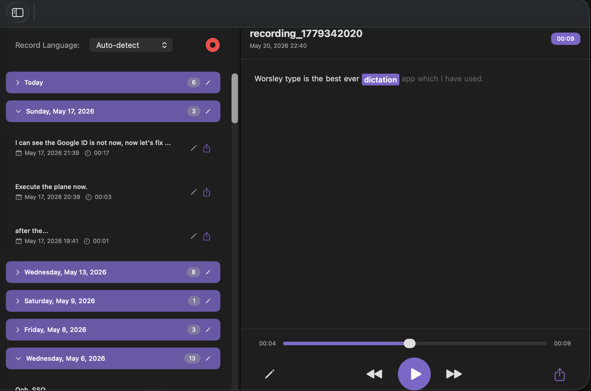 Recording history grouped by date with audio playback bar, transcript highlighting the current word as it is spoken